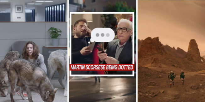 five boxes from super bowl ads, one of a person on a couch, another of people typing with chat bubbles, a shot in the desert