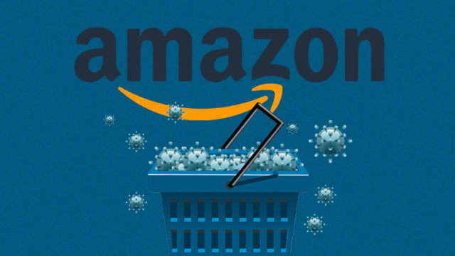 coronavirus spilling out of shopping basket under Amazon logo