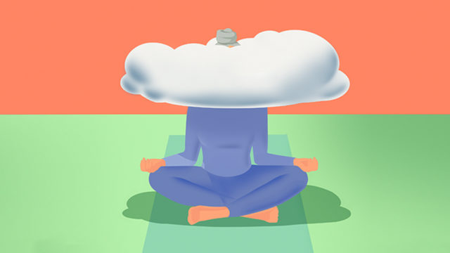 A person meditating with a cloud on their head