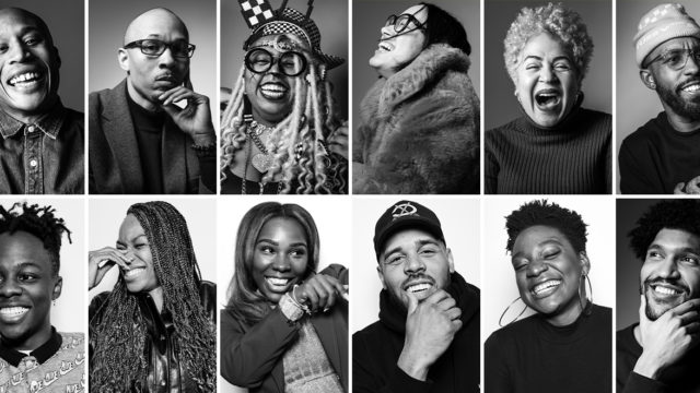 A black and white portrait series shows 12 black advertising professionals, mostly smiling and happy, some laughing