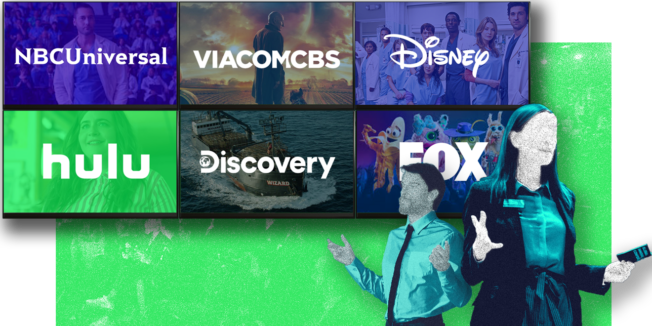 An illustration featuring the logos of NBCUniversal, ViacomCBS, Disney, Hulu, Discovery and Fox with illustrations of a man and a woman