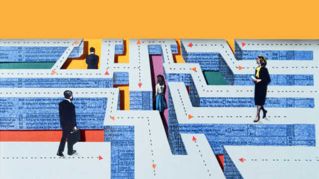 An illustration of business people walking through a maze