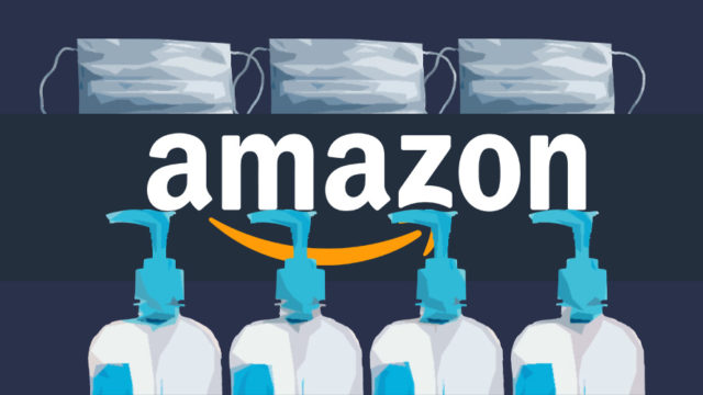 bottles of hand sanitizer with the amazon logo behind them