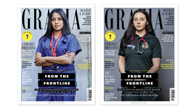 Two medical workers on two different covers of Grazia