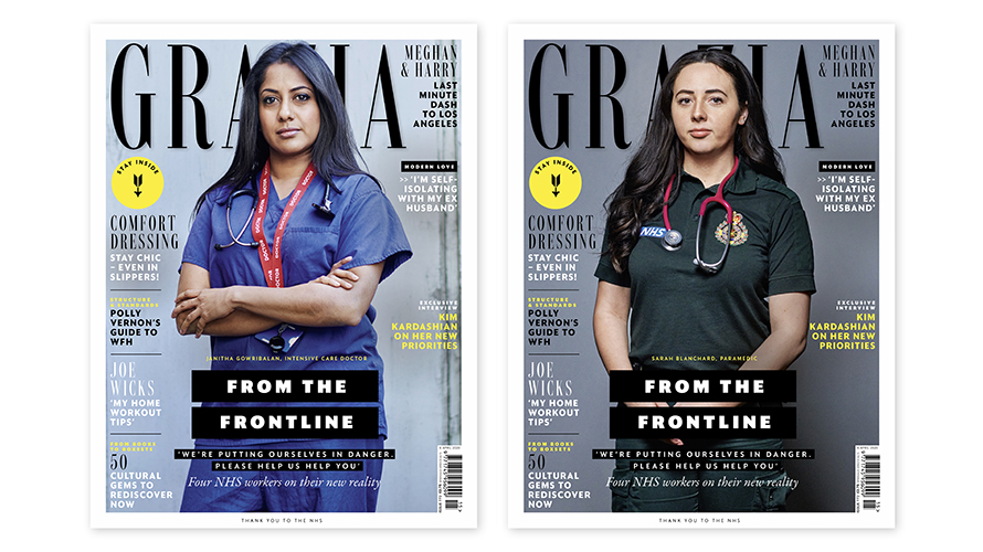 Two medical workers on two different covers of Grazia