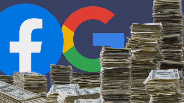 google and facebook logos with stacks of money