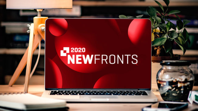 a laptop screen showing the newfronts logo