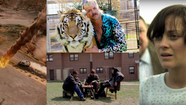 Stills from Netflix's Tiger King, Contagion and HBO's The Wire