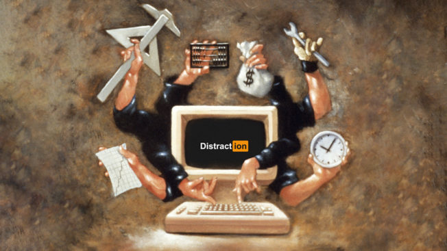 a computer with a bunch of hands coming out of it holding money bags, clocks, tools, paper