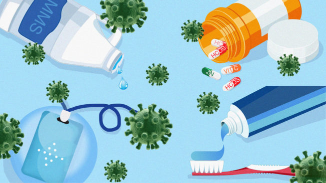 illustration of bleach, an IV, toothpaste on a brush and a spilled pill bottle with virus particles floating around
