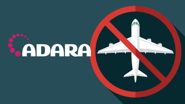 The Adara logo next to an illustration of an airplane with the no symbol over it