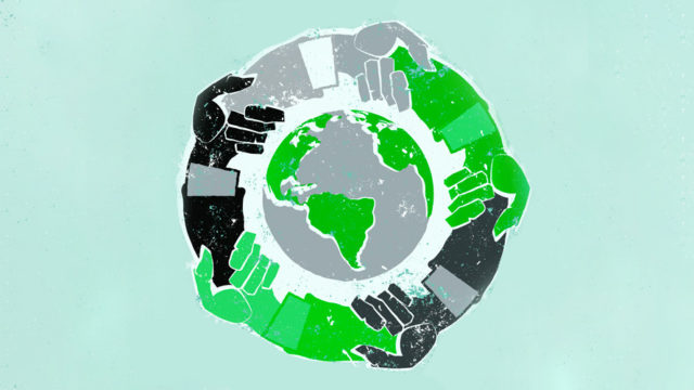 green black and grey hands holding hands surrounding a grey and green earth