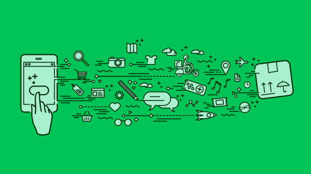 Green background and an illustration of a smartphone with apps coming out of it