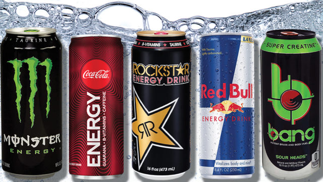 cans of monster, coca-cola energy, rockstar, red bull and bang energy drinks