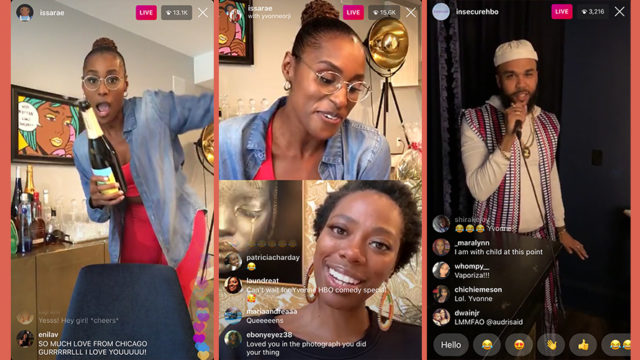 Instagram Live screenshots of Issa Rae, Yvonne Orji and Jidenna