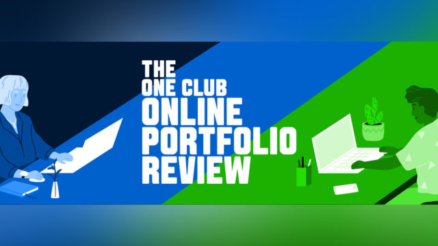 An illustration of two people working remotely and text that says, 'The One Club Online Portfolio Review'