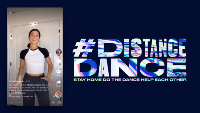 A screenshot of Charli D'Amelio's TikTok video and the #DistanceDance logo
