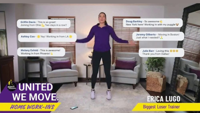 Screenshot of a woman with her arms raised above her hips with chat bubbles next to her and the Planet Fitness logo