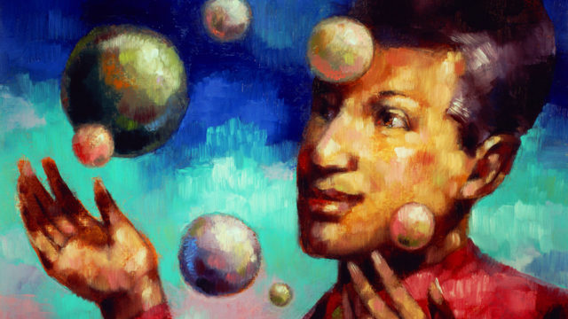 illustration of a person's face with small orbs floating around them