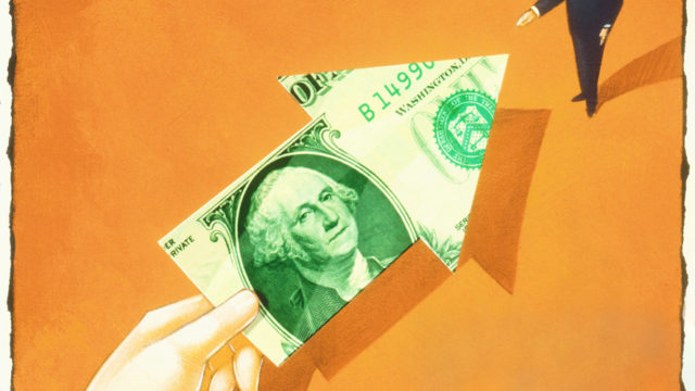 Illustration of a $1 bill folded like an arrow