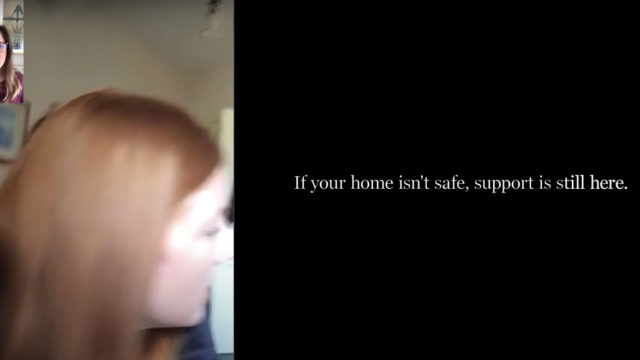 Screenshot of a FaceTime call next to black text that says, 'If your home isn't safe, support is still here'