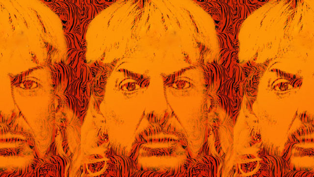A photo of Joe Exotic duplicated three times with orange with a tiger background