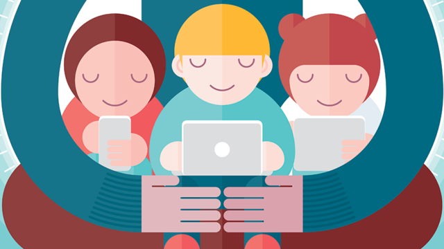 Illustration of three kids on electronic devices with someone bigger hugging them