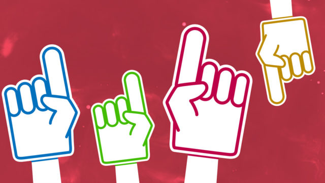 Four foam fingers, three pointing up and one pointing down