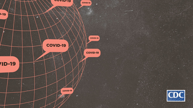 A globe with text bubbles coming out of it that say, 'COVID-19'