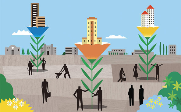 illustration of people planting tall plants that grow into buildings
