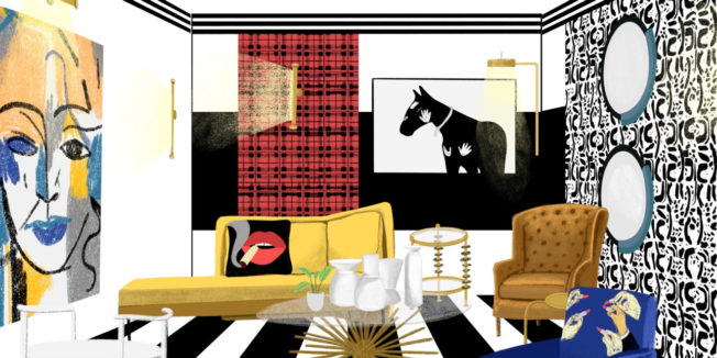 picture of a designed room with a yellow couch and horse on the wall and black and white striped floor