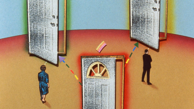 two people standing between three different open doors