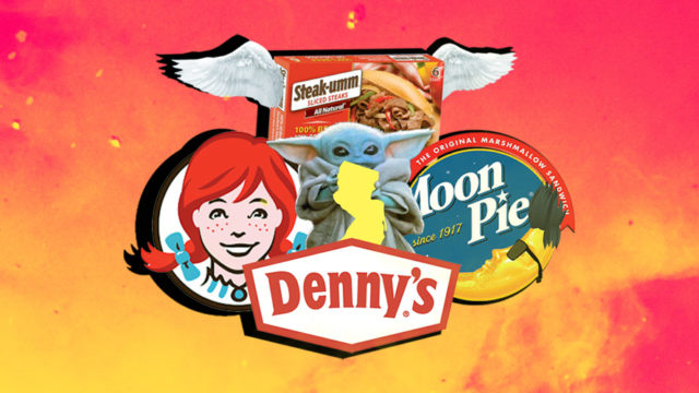 Mash-up image of Denny's, MoonPie, Wendy's, Baby Yoda and Steak-ummm