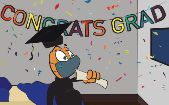 cartoon that says congrats grad with a person with a graduation cap on at a table