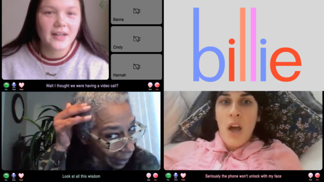 three people chatting on a zoom call with billie's logo on the top right