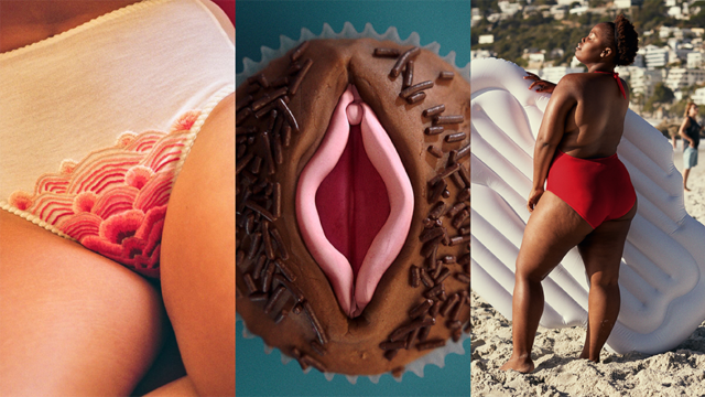 images of a woman in red stained underpants on the left, a cupcake shaped like a vulva in the middle, and a woman on the right in red underpants