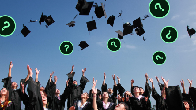 People throwing up graduation caps with question marks in the air as well