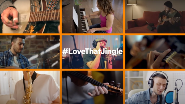 People playing different instruments with the hashtag #LoveThatJingle in the middle