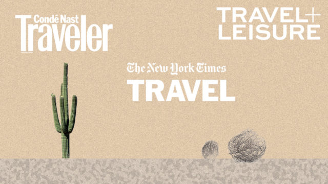 a cactus and tumbleweed with logos from travel + leisure, conde nast traveler and new york times travel