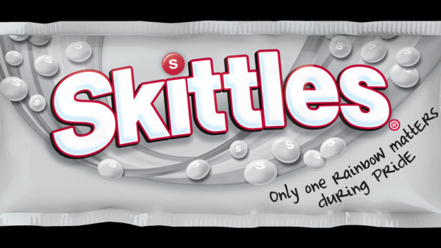 A gray Skittles package