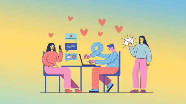 three people, two sitting at a desk and one standing, on laptops and phones with hearts floating around them
