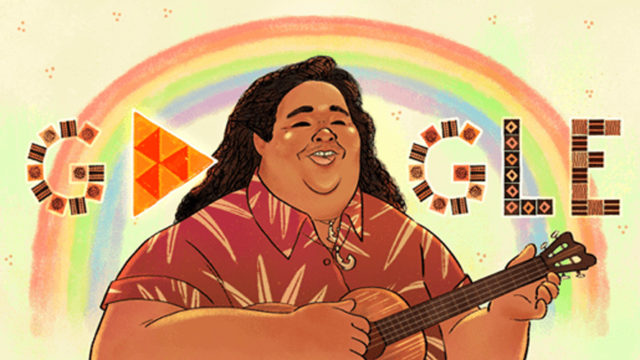a larger hawaiian man playing a guitar in front of a google logo