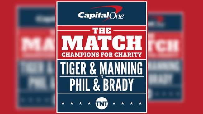 Capital One and TNT logos around text that says, 'The Match: Champions for Charity, Tiger & Manning, Phil & Brady'