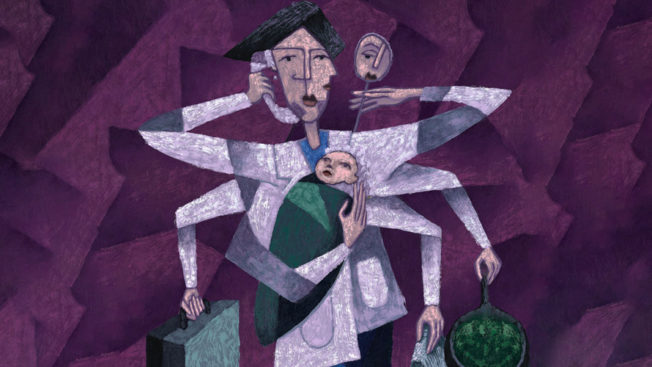 an illustration of a mom in purple with multiple arms, holding a baby, briefcase, cell phone and more