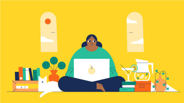 illustration of a woman sitting on a laptop in a yellow room with a plant and tea kettle and martini next to her