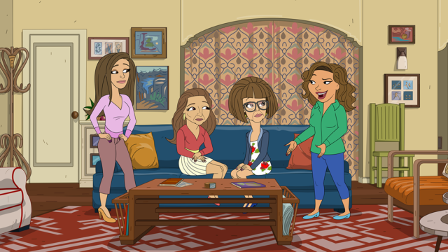 a cartoon latino family sitting on a blue couch in a living room