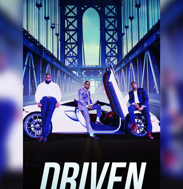 purple background with three people standing in front of a white car that says driven underneath