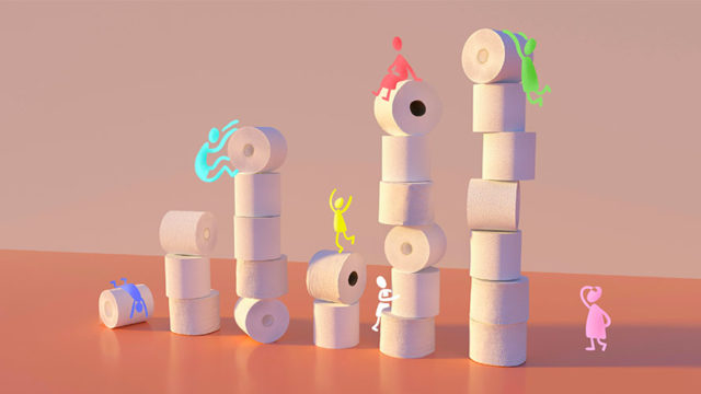 piles of toilet paper with colorful little people climbing and hanging on them