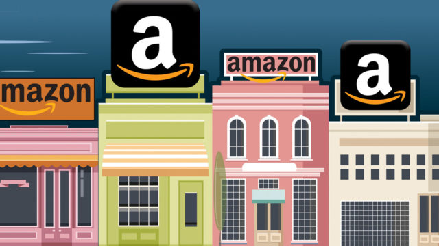pink, green and white storefronts with amazon a's on top