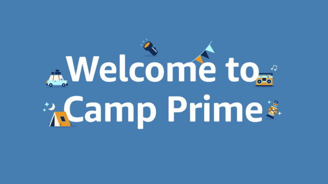 blue background with white text that reads welcome to camp prime with people doing camp activities on the letters